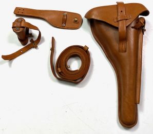 P08 ARTILLERY LUGER PISTOL HOLSTER W/ CARRY STRAP-BROWN LEATHER